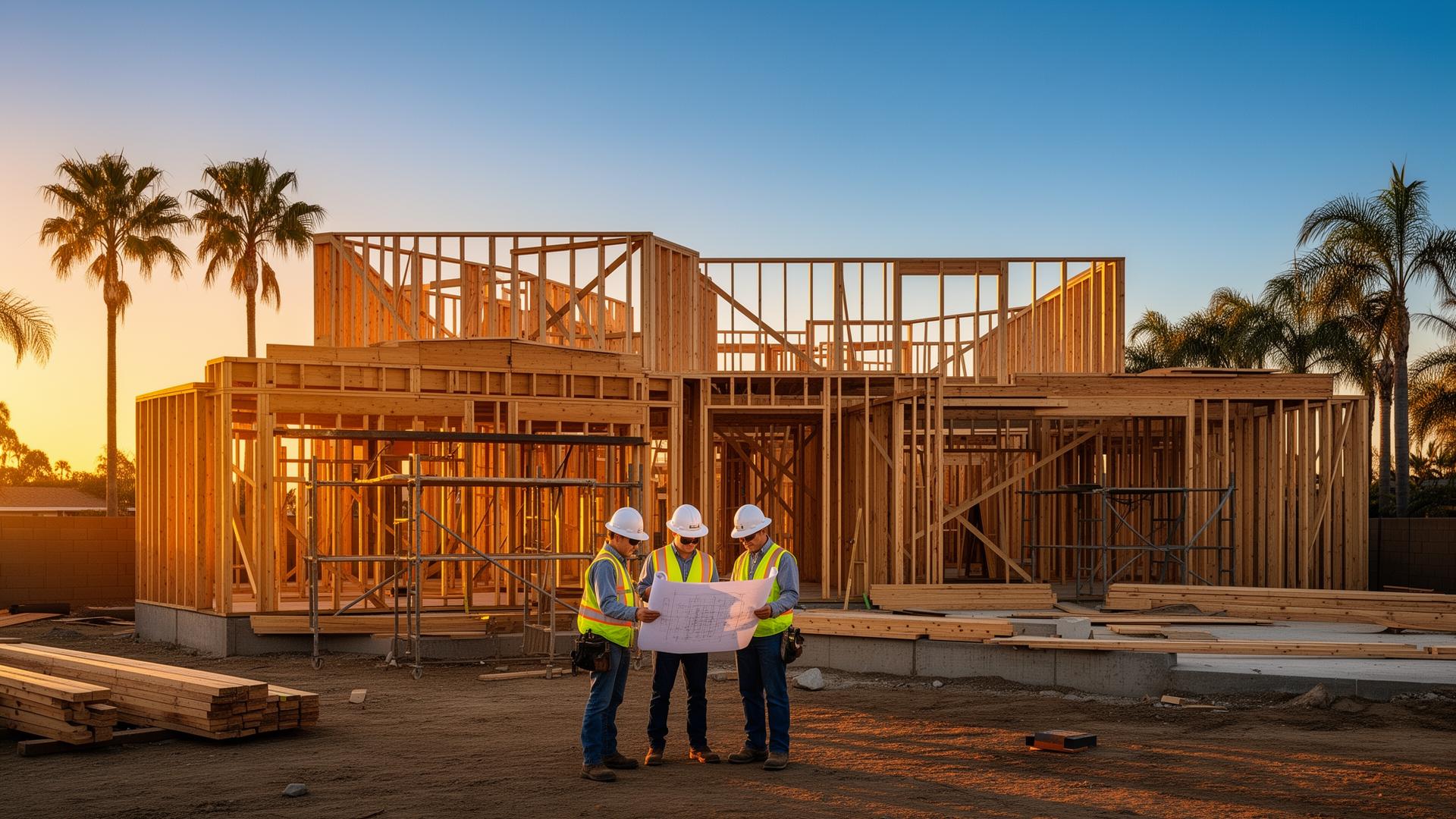 Custom home being framed in San Diego at sunset