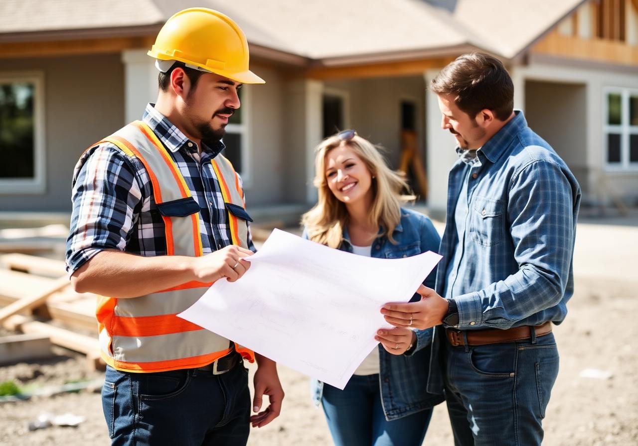 Foreman reviewing blueprints with homeowners